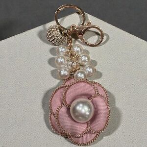 Pink Flower Pearl Bag Charm Keychain | Gold Tone Floral Purse Accessory